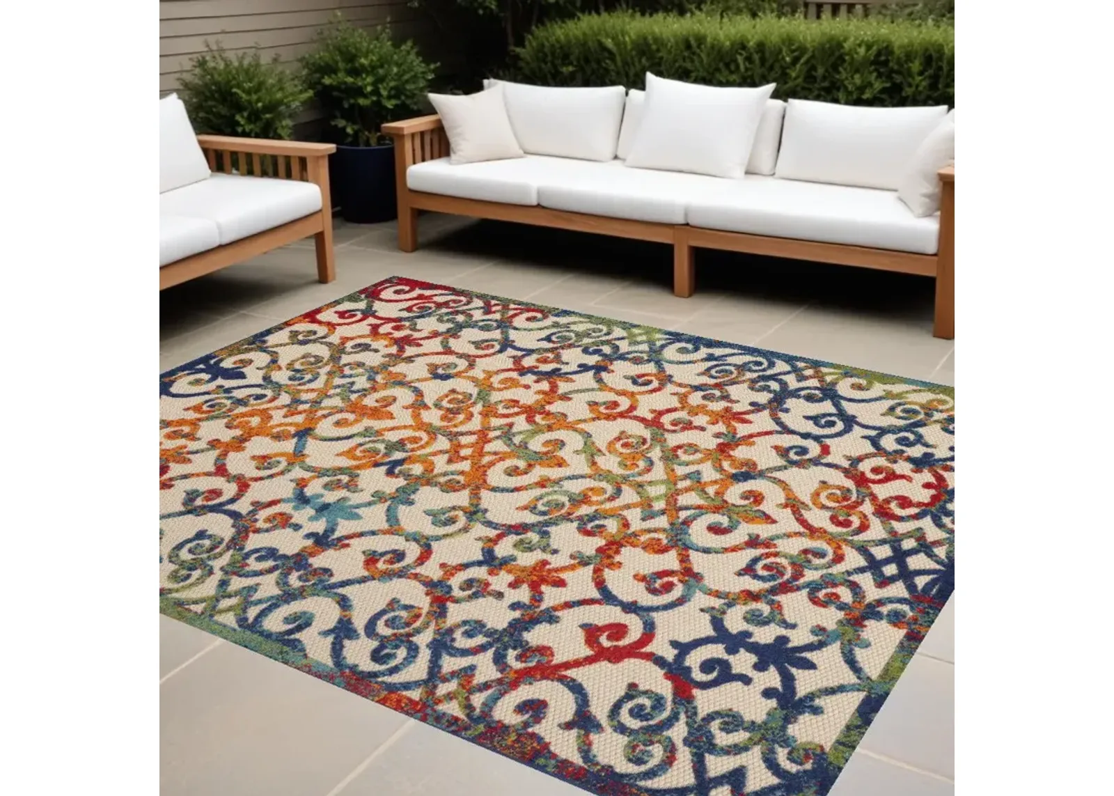 10' X 13' Damask Non Skid Indoor / Outdoor Area Rug - Ivory Blue / Green