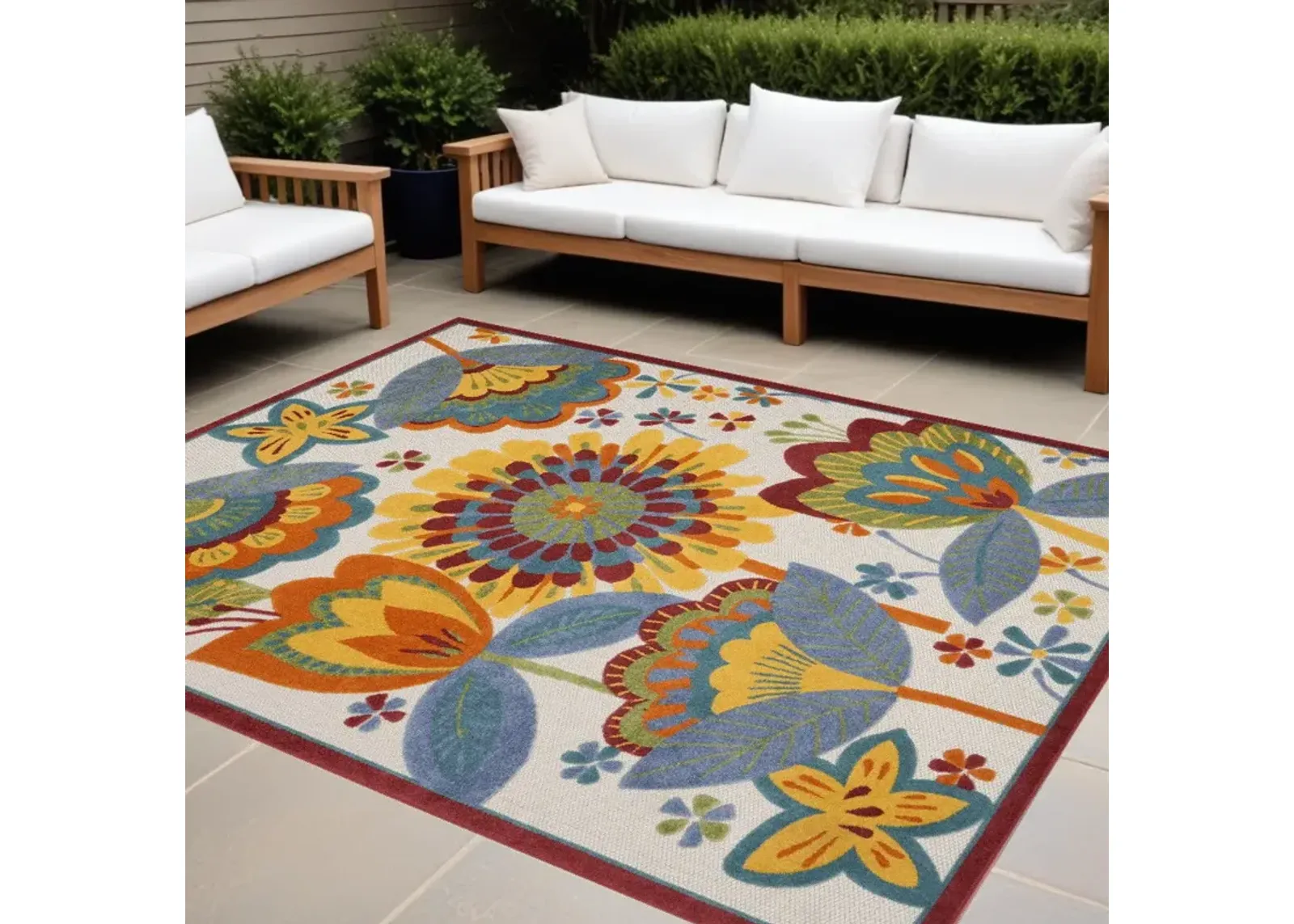 9' X 12' Floral Non Skid Indoor / Outdoor Area Rug - White Yellow / Blue