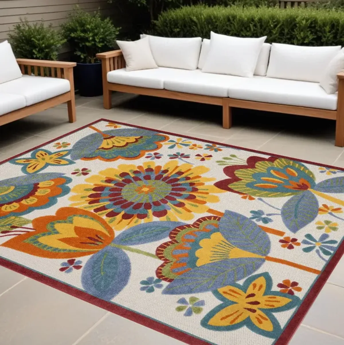 9' X 12' Floral Non Skid Indoor / Outdoor Area Rug - White Yellow / Blue