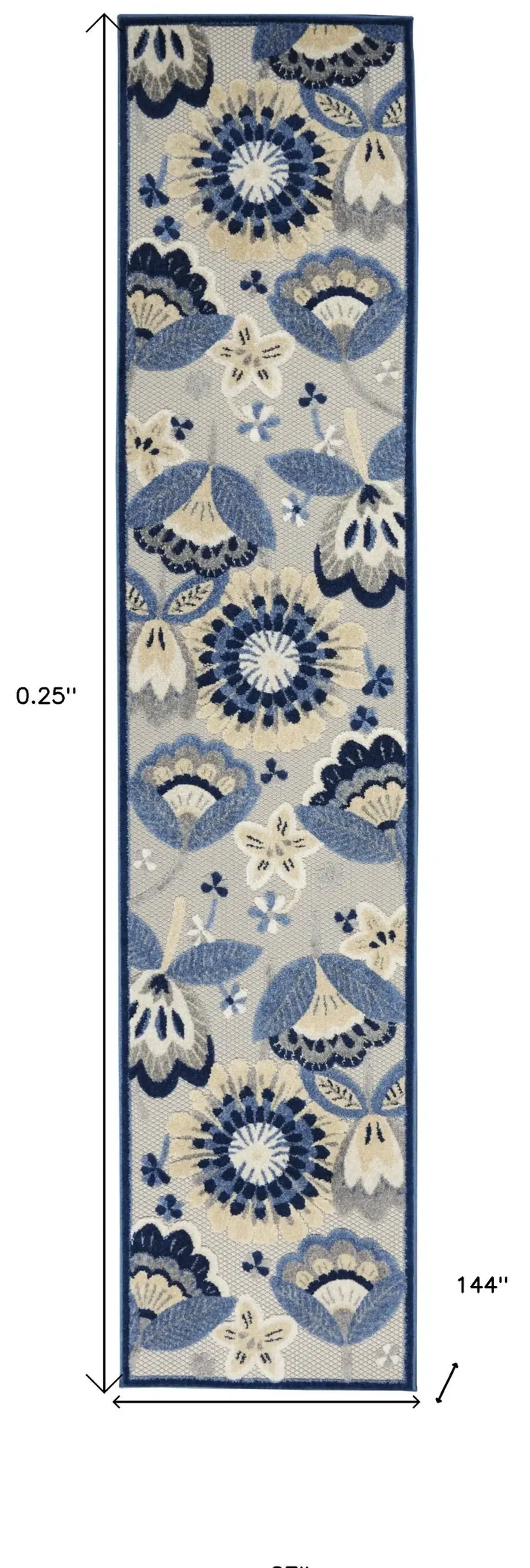 2' X 12' Floral Non Skid Outdoor / Indoor Runner Rug - Blue / Gray