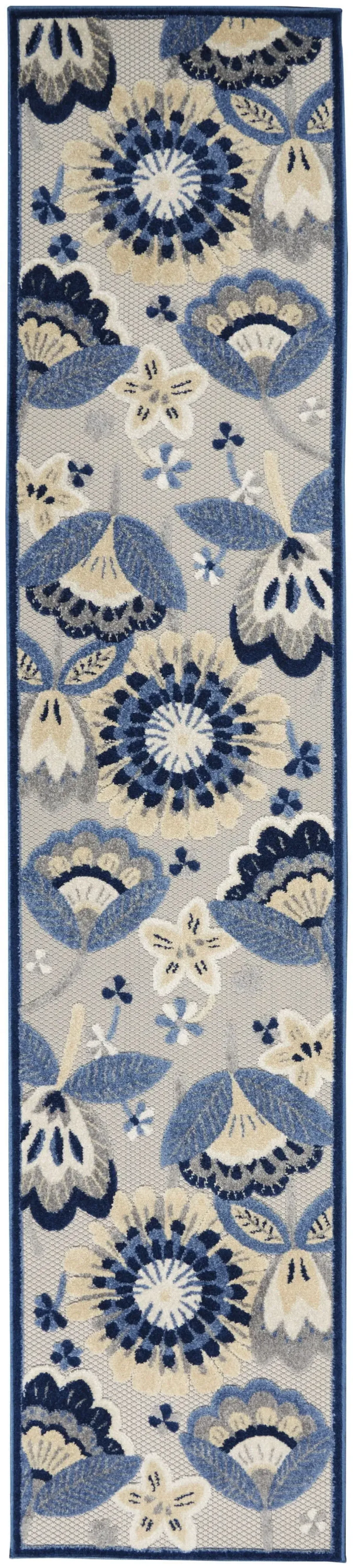 2' X 12' Floral Non Skid Outdoor / Indoor Runner Rug - Blue / Gray