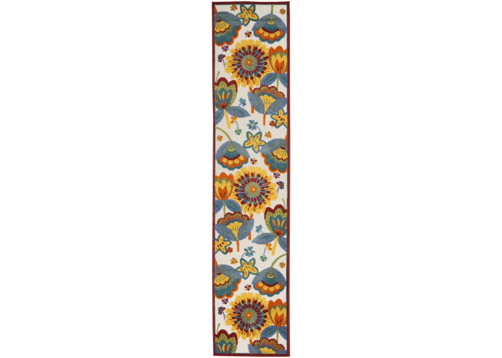 2' X 12' Floral Non Skid Indoor / Outdoor Runner Rug - White Yellow / Blue