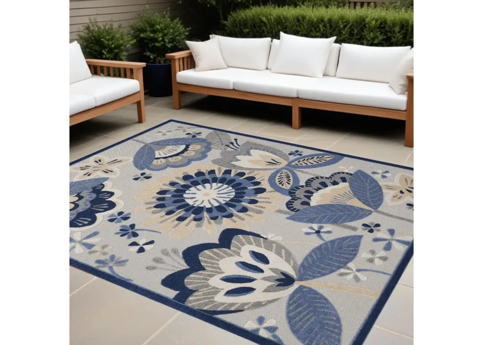 10' X 13' Floral Non Skid Indoor / Outdoor Area Rug - Blue / Gray