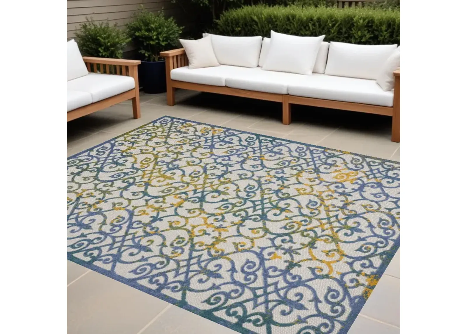 12' X 15' Damask Non Skid Indoor / Outdoor Area Rug - Ivory / Blue