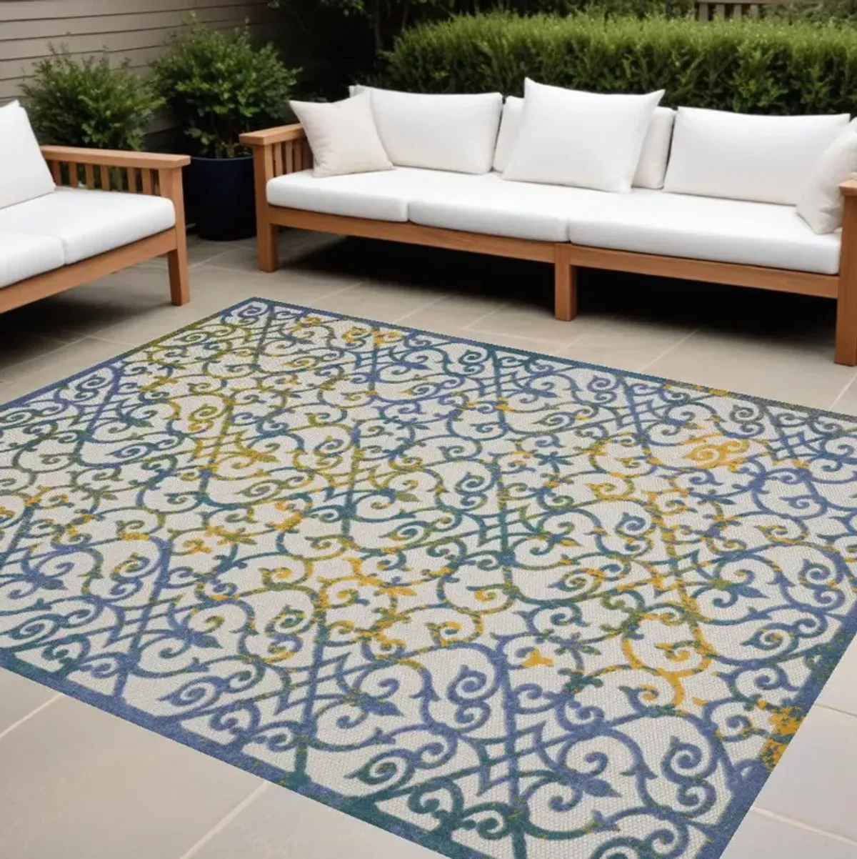 12' X 15' Damask Non Skid Indoor / Outdoor Area Rug - Ivory / Blue