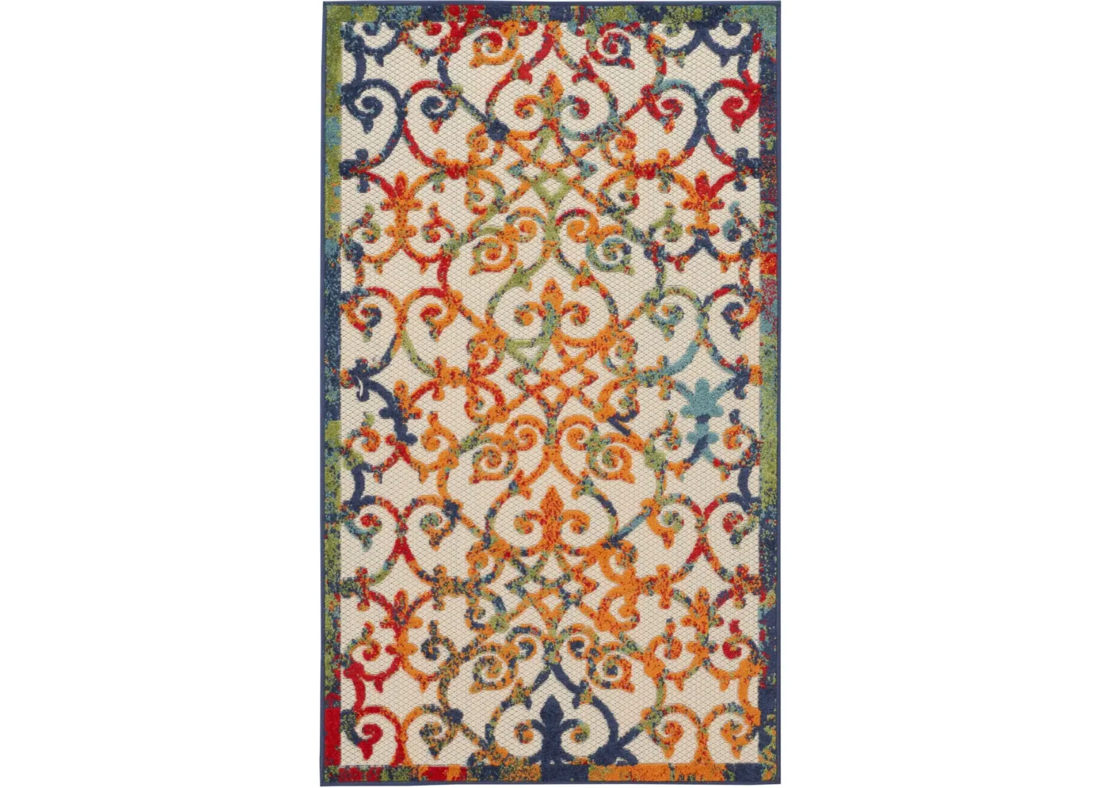 3' X 5' Non Skid Indoor / Outdoor Area Rug - Orange Blue / Green Damask