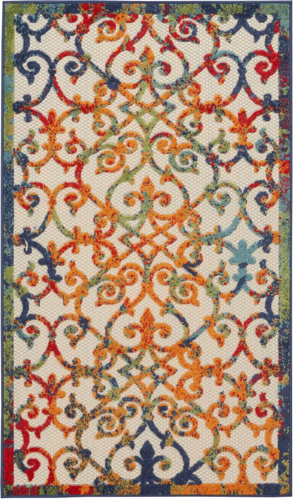 3' X 5' Non Skid Indoor / Outdoor Area Rug - Orange Blue / Green Damask