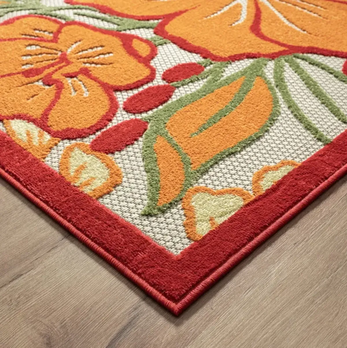 8' X 10' Floral Stain Resistant Indoor / Outdoor Area Rug - Orange / Ivory