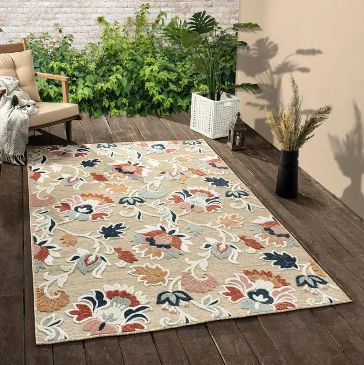 8' X 10' Floral Stain Resistant Outdoor / Indoor Area Rug - Blue / Beige