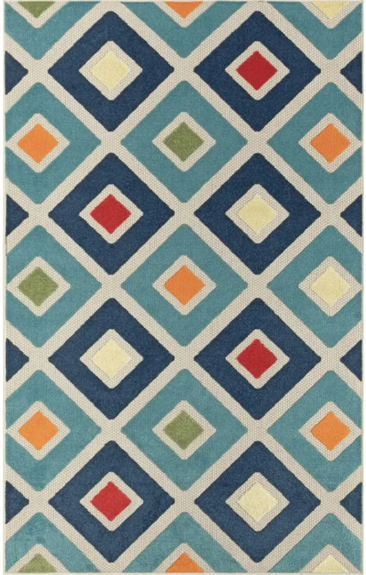 4' X 6' Geometric Stain Resistant Area Rug Indoor & Outdoor - Ivory / Blue