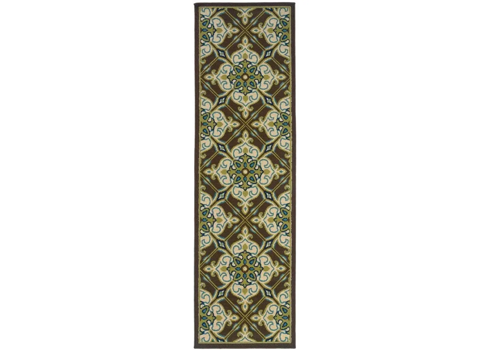 2' X 8' Floral Stain Resistant Indoor / Outdoor Area Rug - Brown / Ivory