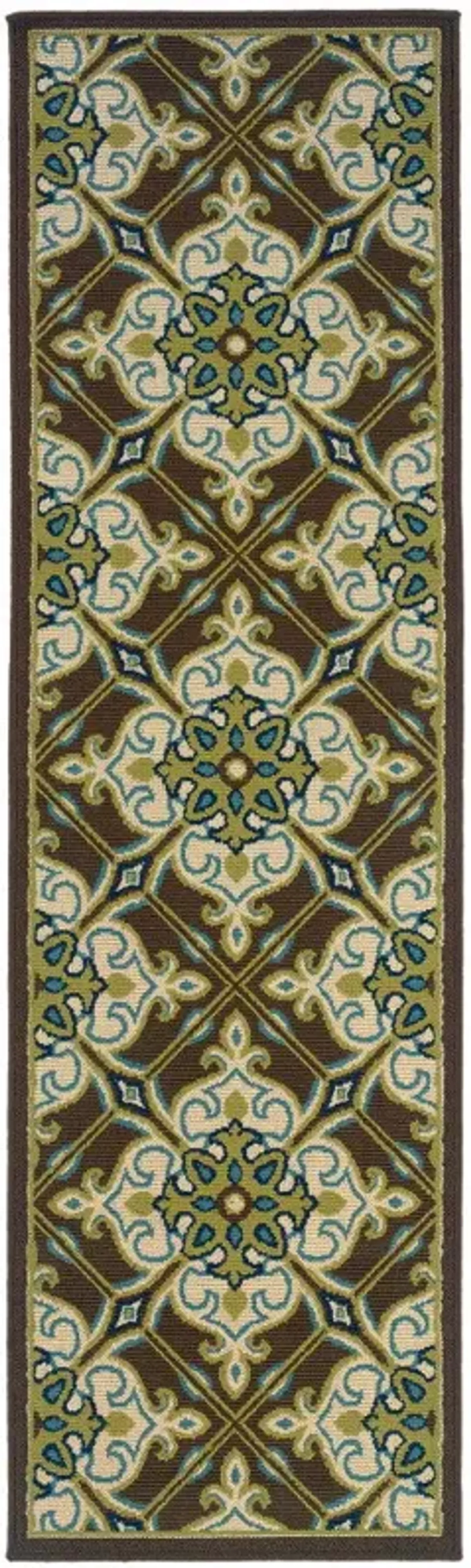 2' X 8' Floral Stain Resistant Indoor / Outdoor Area Rug - Brown / Ivory