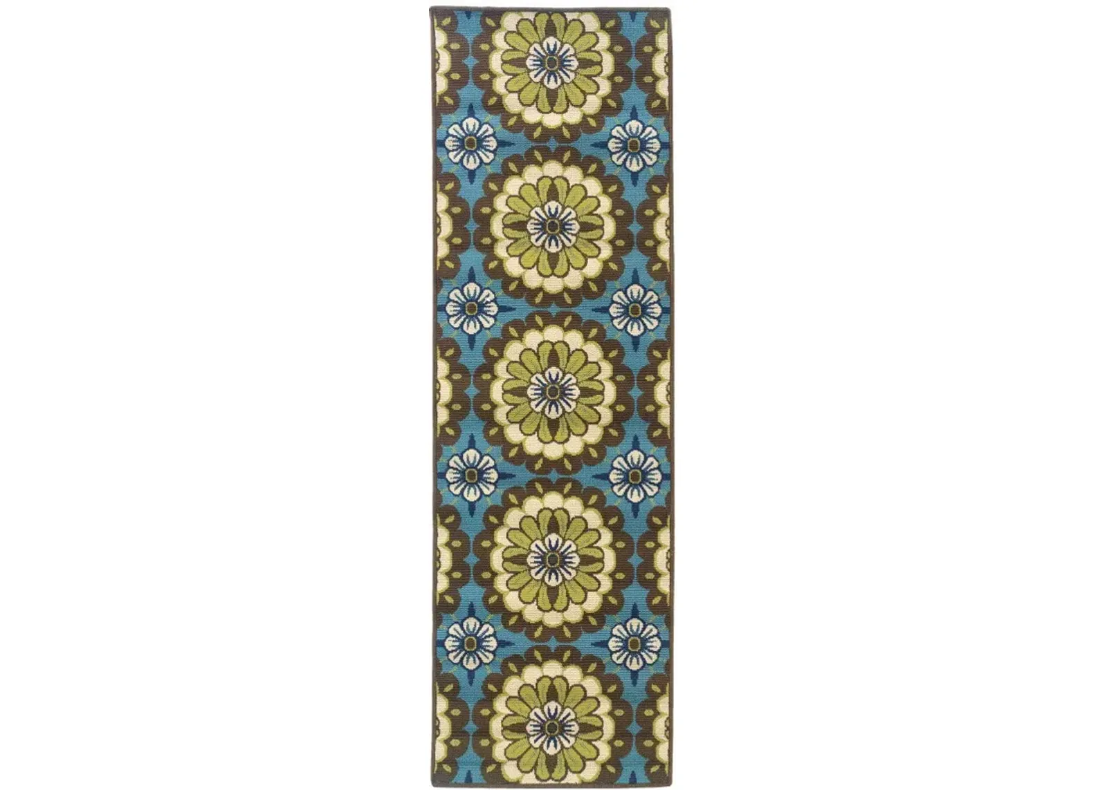 2' X 8' Floral Stain Resistant Outdoor / Indoor Area Rug - Blue / Green