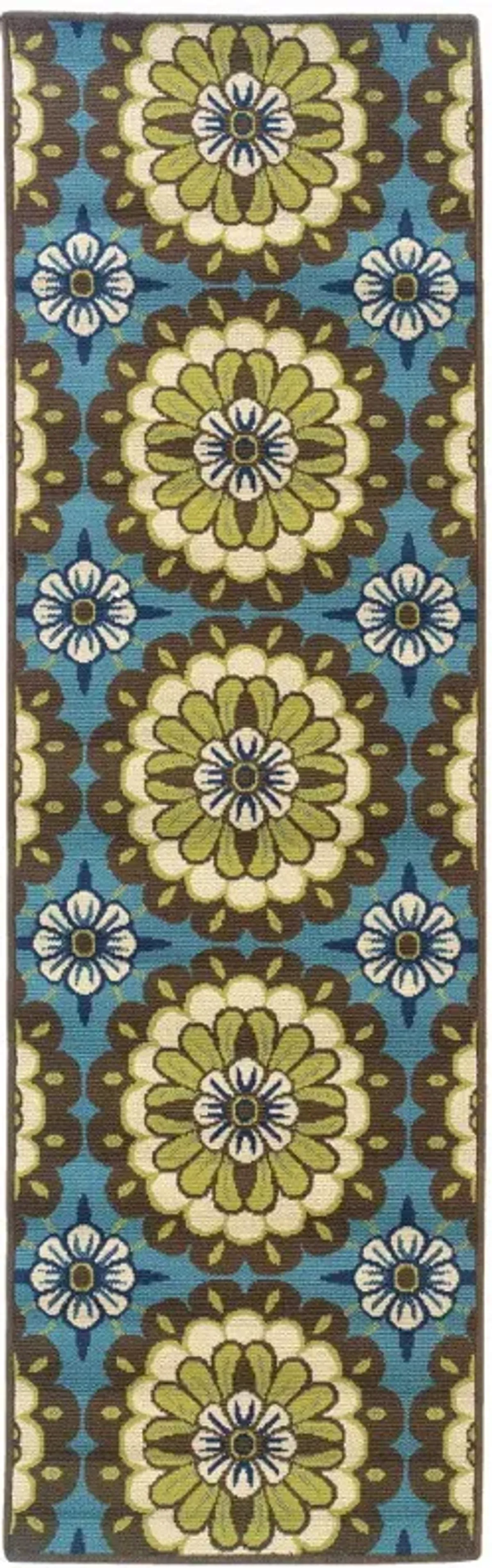 2' X 8' Floral Stain Resistant Outdoor / Indoor Area Rug - Blue / Green