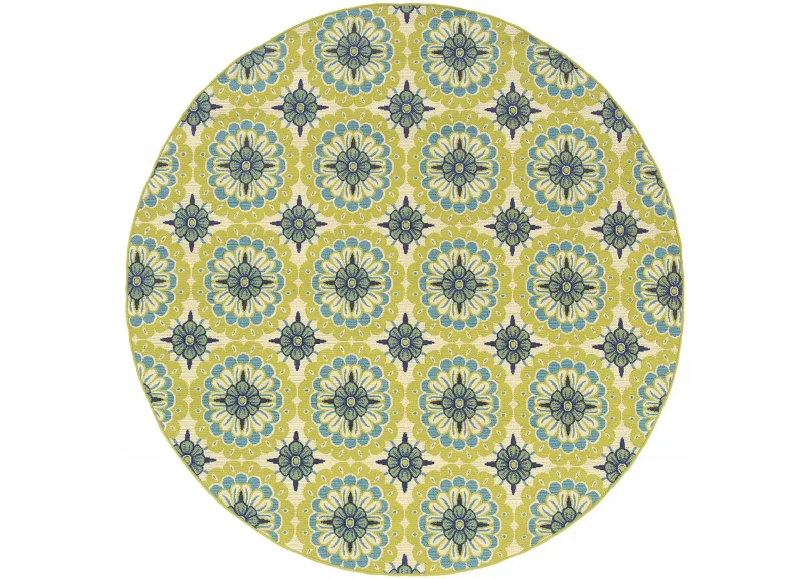 8' X 8' Round Floral Stain Resistant Outdoor / Indoor Area Rug - Green / Ivory