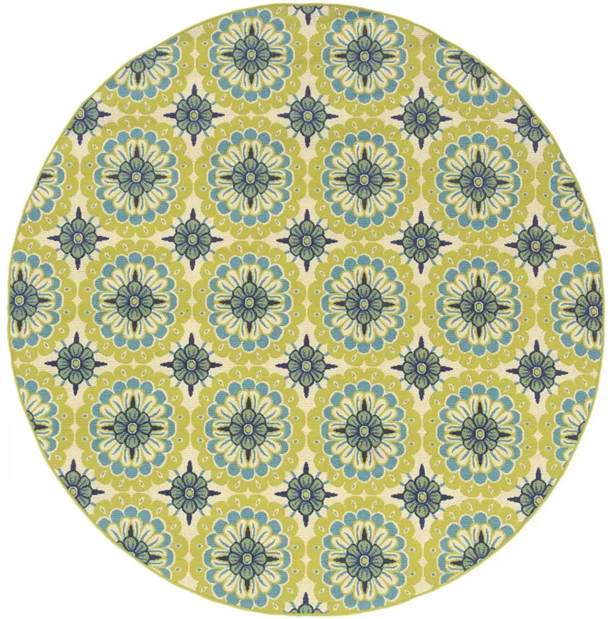 8' X 8' Round Floral Stain Resistant Outdoor / Indoor Area Rug - Green / Ivory