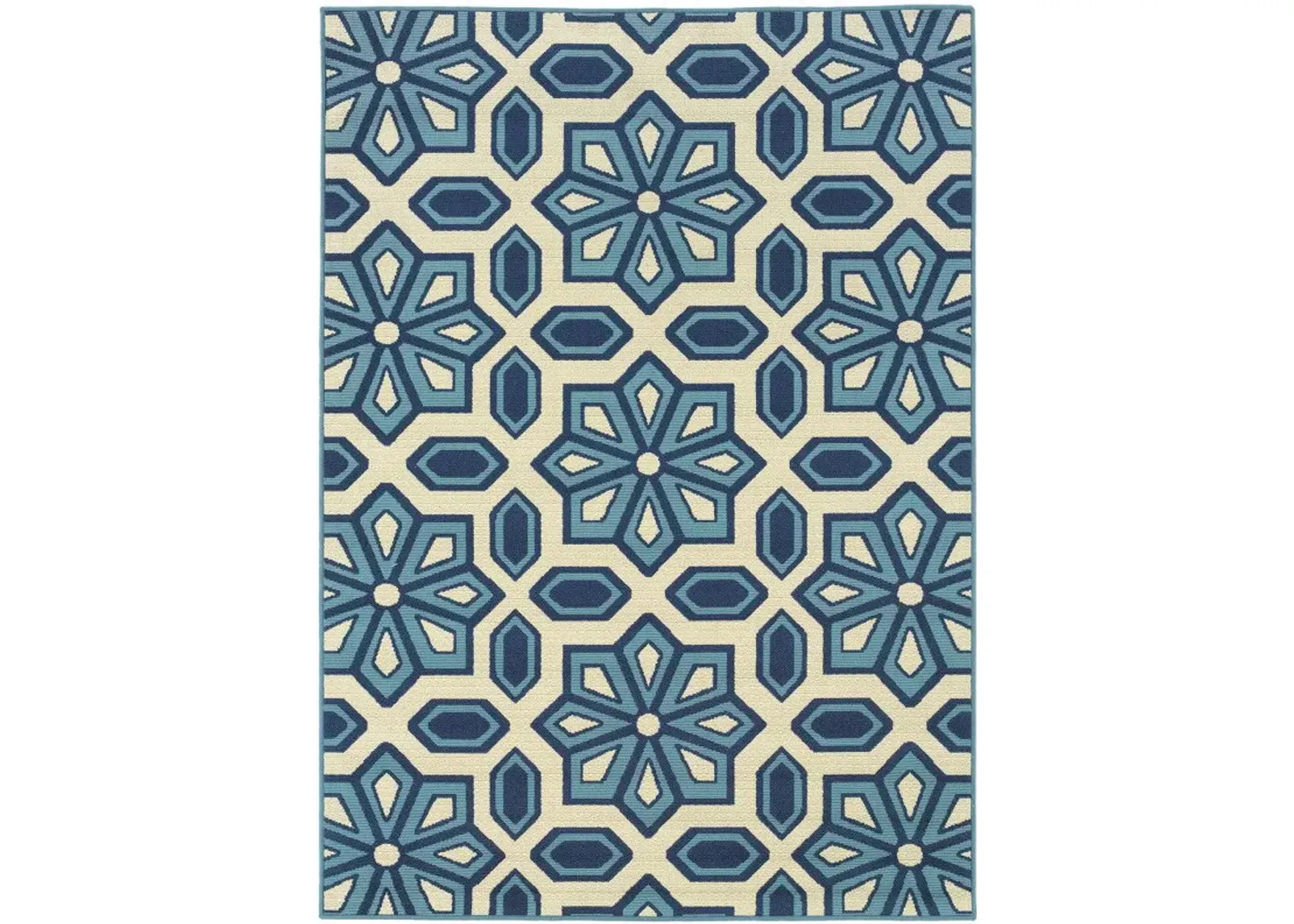 9' X 13' Geometric Stain Resistant Outdoor / Indoor Area Rug - Ivory / Blue