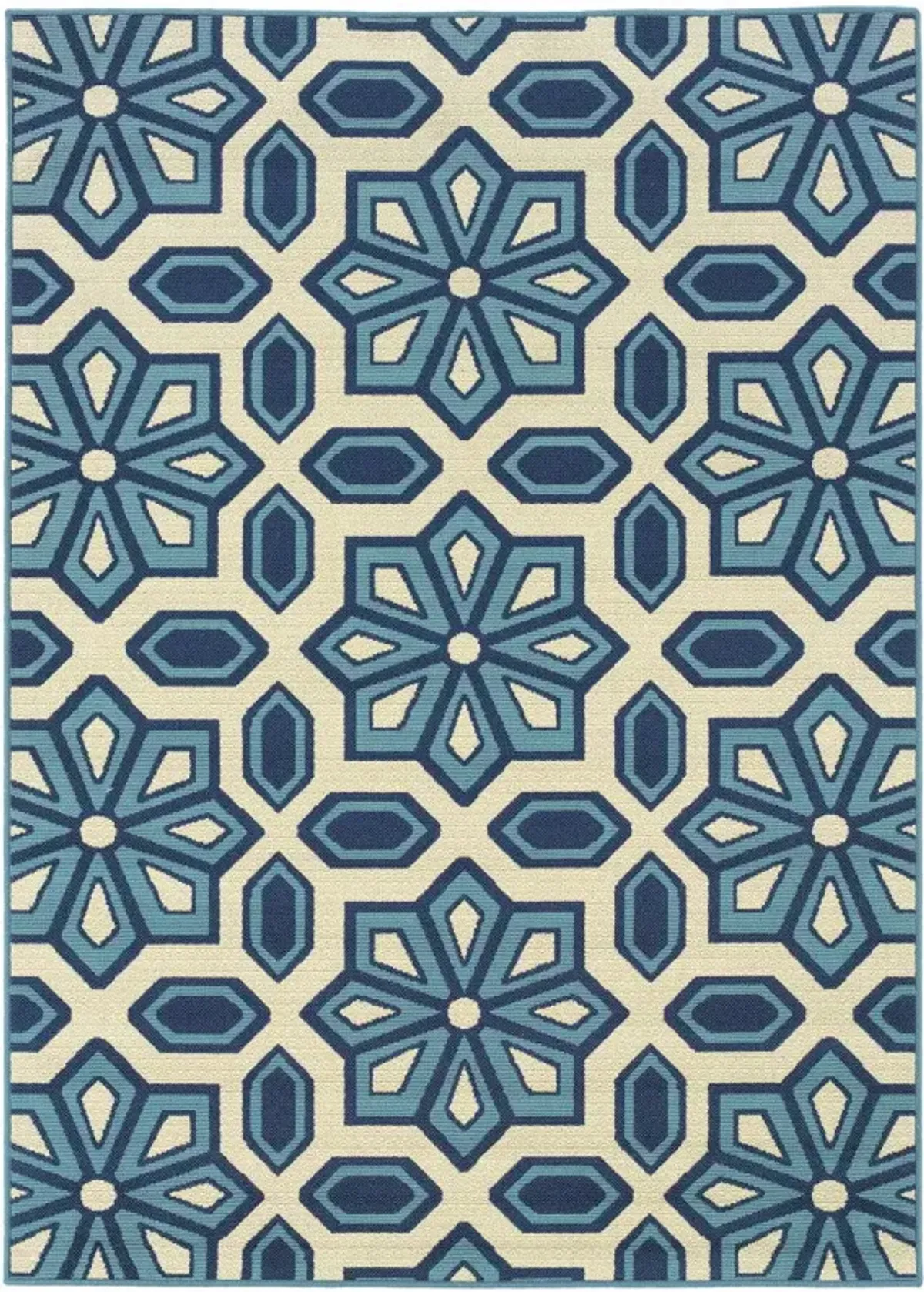 9' X 13' Geometric Stain Resistant Outdoor / Indoor Area Rug - Ivory / Blue