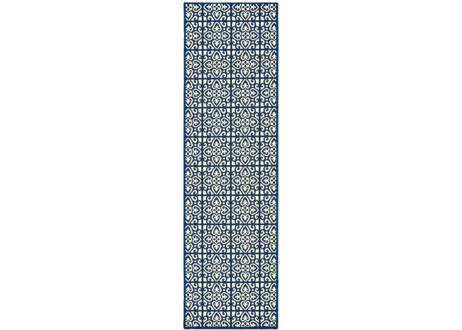 2' X 8' Geometric Stain Resistant Indoor / Outdoor Area Rug - Ivory / Blue