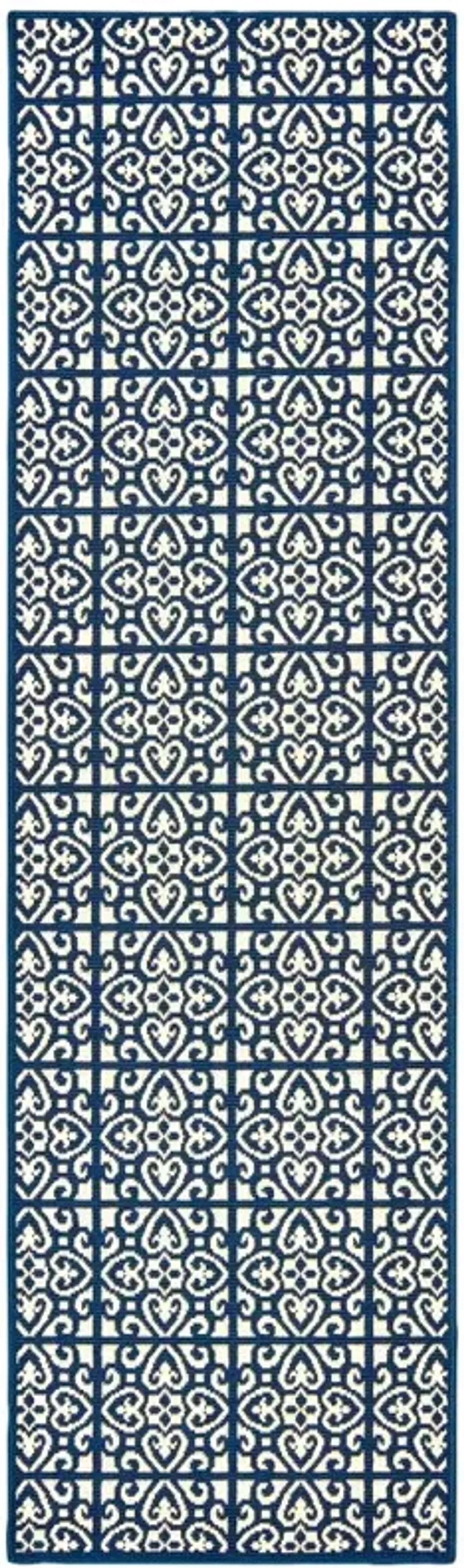 2' X 8' Geometric Stain Resistant Indoor / Outdoor Area Rug - Ivory / Blue