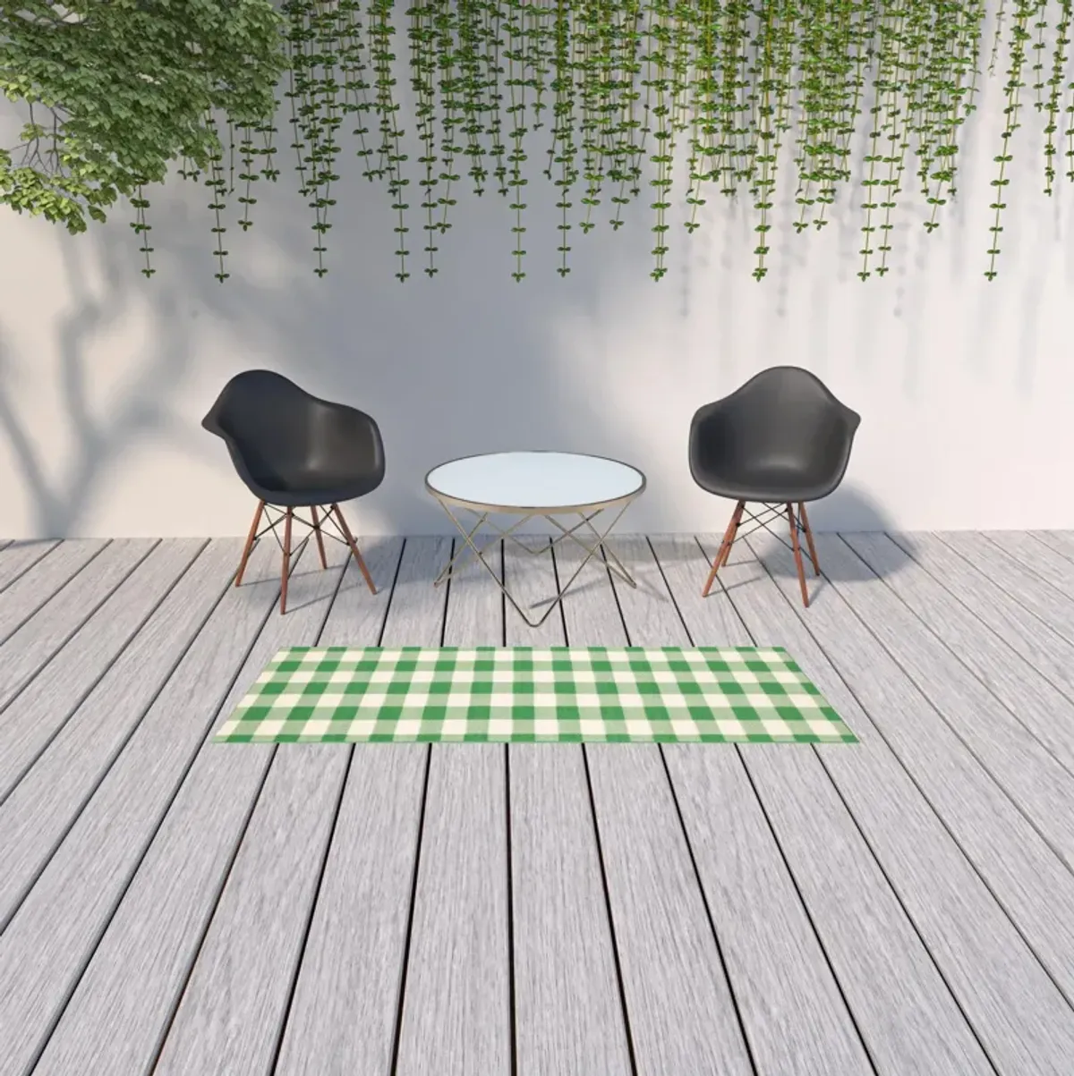 2' X 8' Geometric Stain Resistant Indoor / Outdoor Area Rug - Green / Ivory