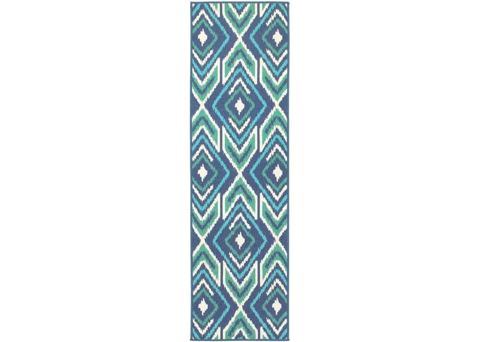 2' X 8' Geometric Stain Resistant Area Rug Indoor / Outdoor - Ivory / Blue