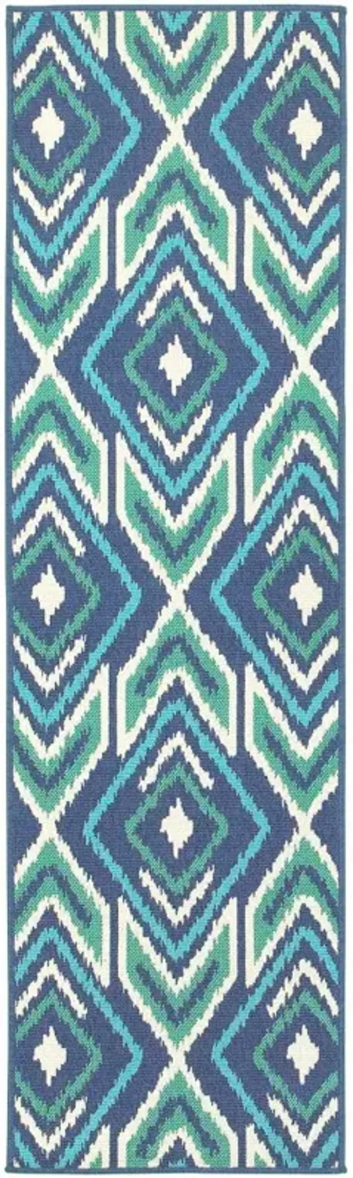 2' X 8' Geometric Stain Resistant Area Rug Indoor / Outdoor - Ivory / Blue