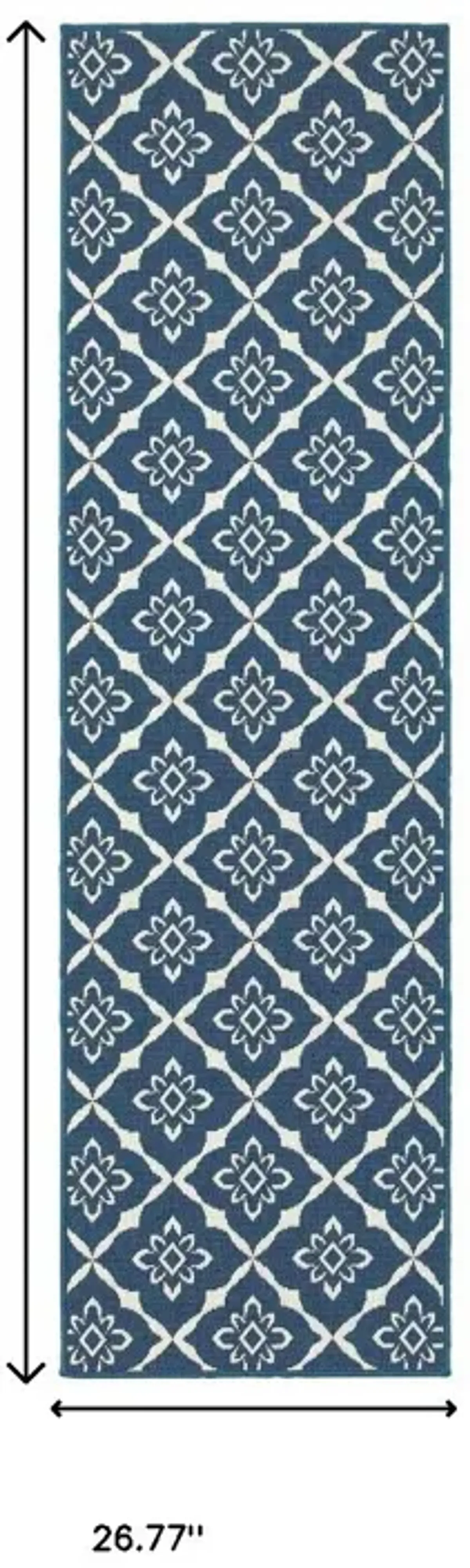 2' X 8' Floral Stain Resistant Outdoor / Indoor Area Rug - Blue / Ivory