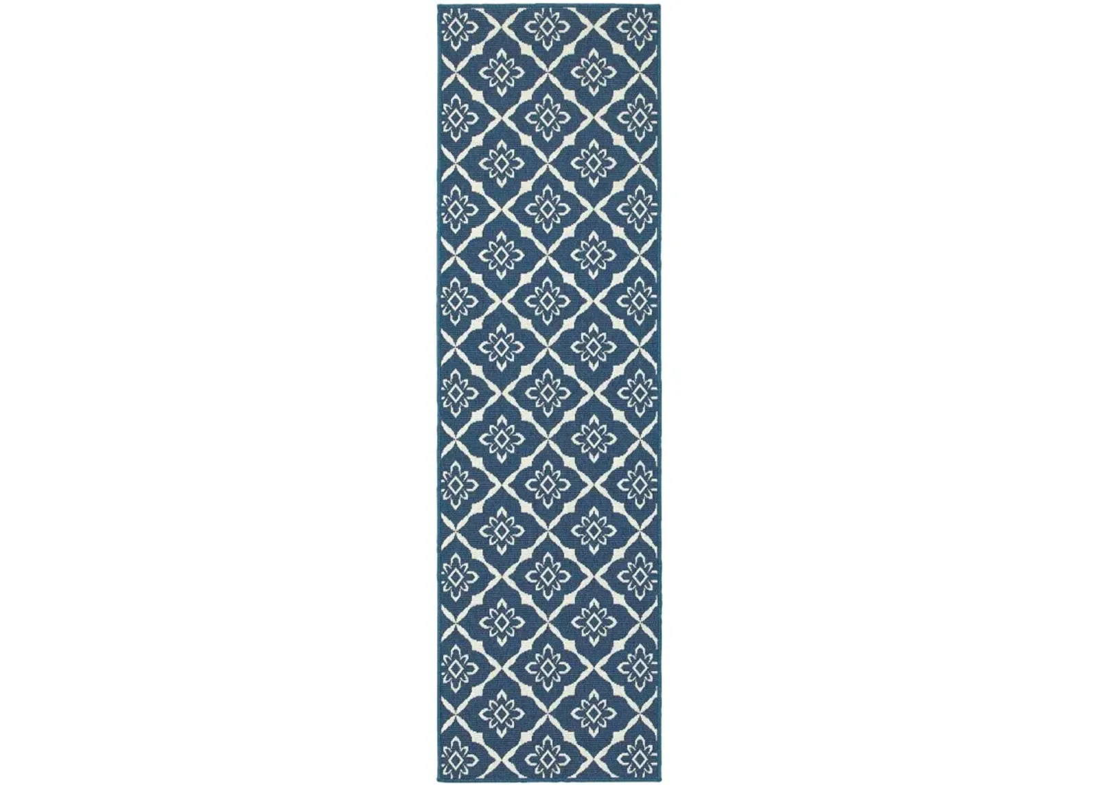 2' X 8' Floral Stain Resistant Outdoor / Indoor Area Rug - Blue / Ivory