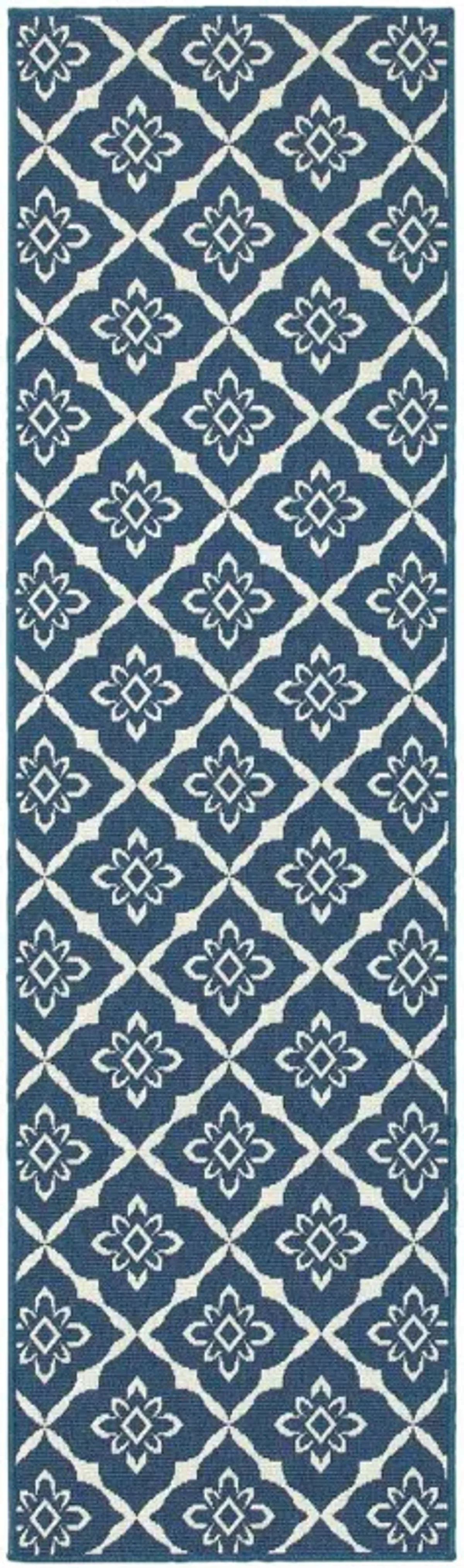 2' X 8' Floral Stain Resistant Outdoor / Indoor Area Rug - Blue / Ivory