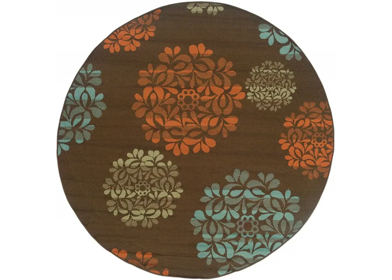 8' X 8' Round Floral Stain Resistant Indoor / Outdoor Area Rug - Brown