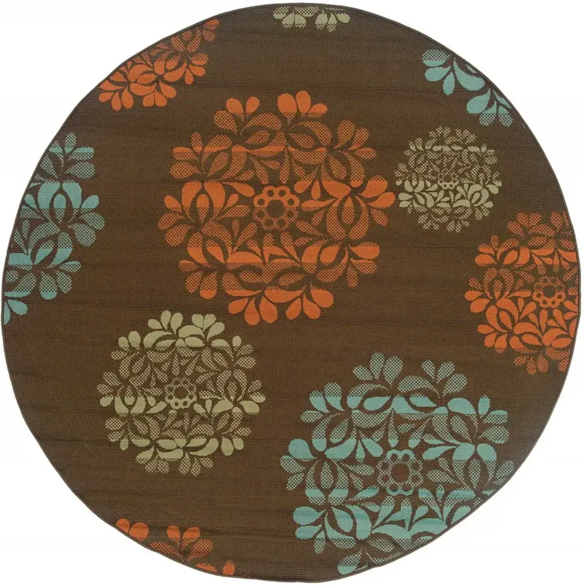 8' X 8' Round Floral Stain Resistant Indoor / Outdoor Area Rug - Brown