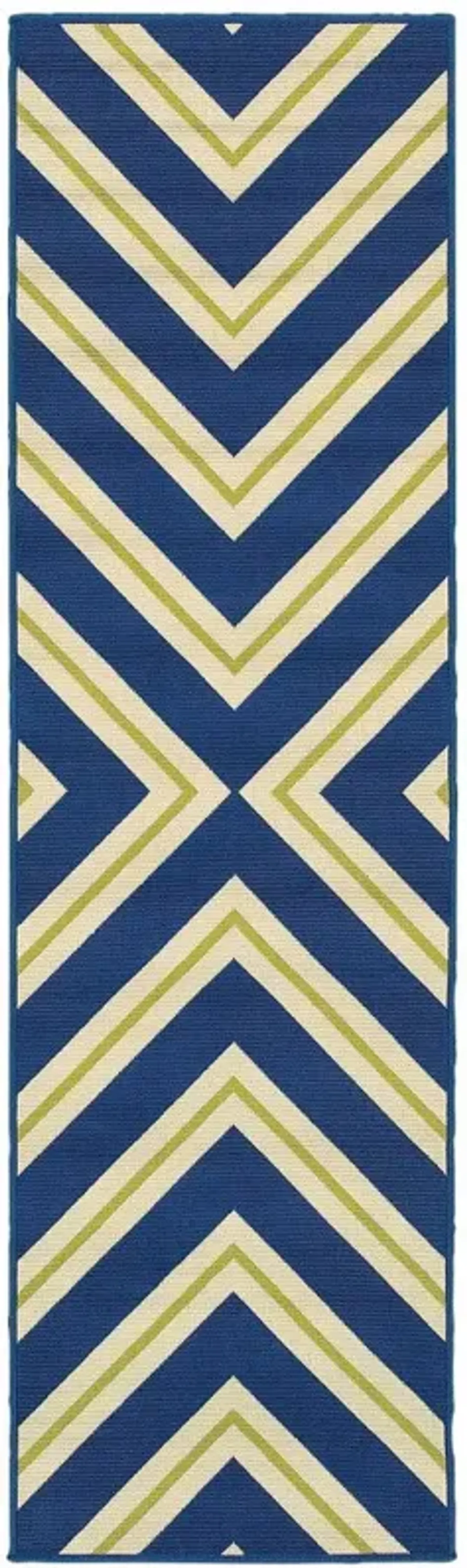 2' X 8' Geometric Stain Resistant Area Rug Indoor & Outdoor - Ivory / Blue