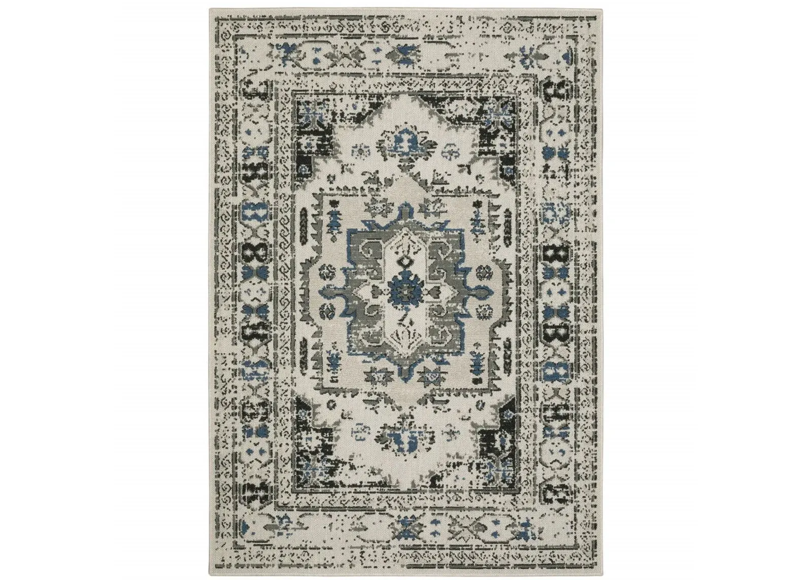 10' X 13' Oriental Stain Resistant Outdoor / Indoor Area Rug - Blue / Beige