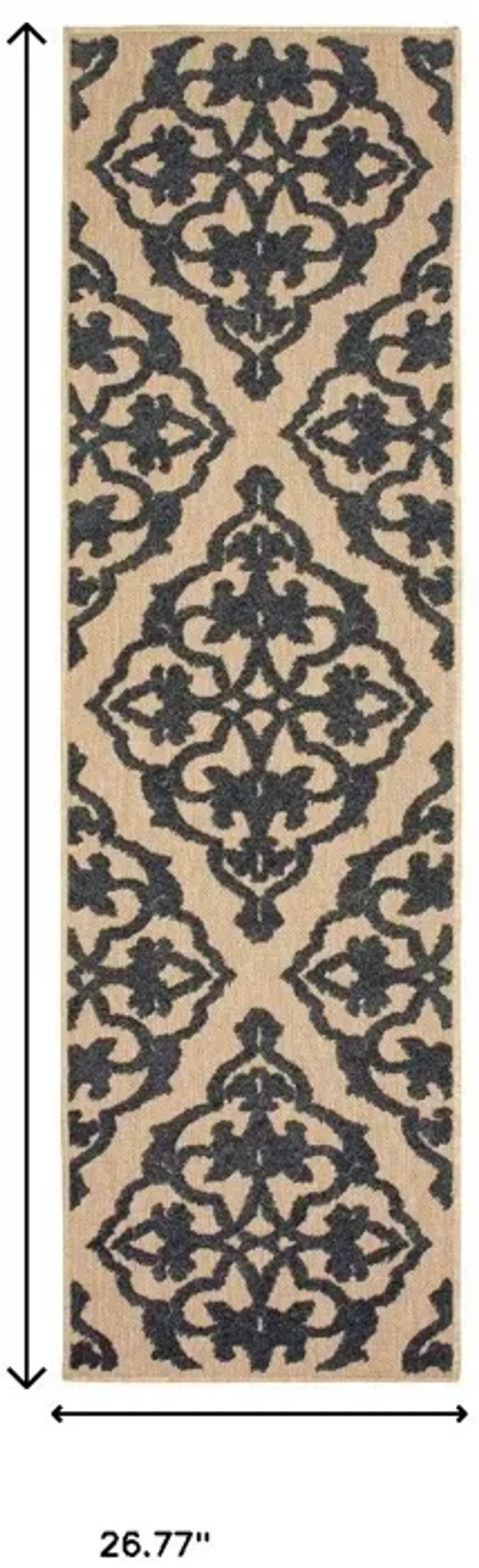 2' X 8' Oriental Stain Resistant Indoor / Outdoor Area Rug - Beige / Black