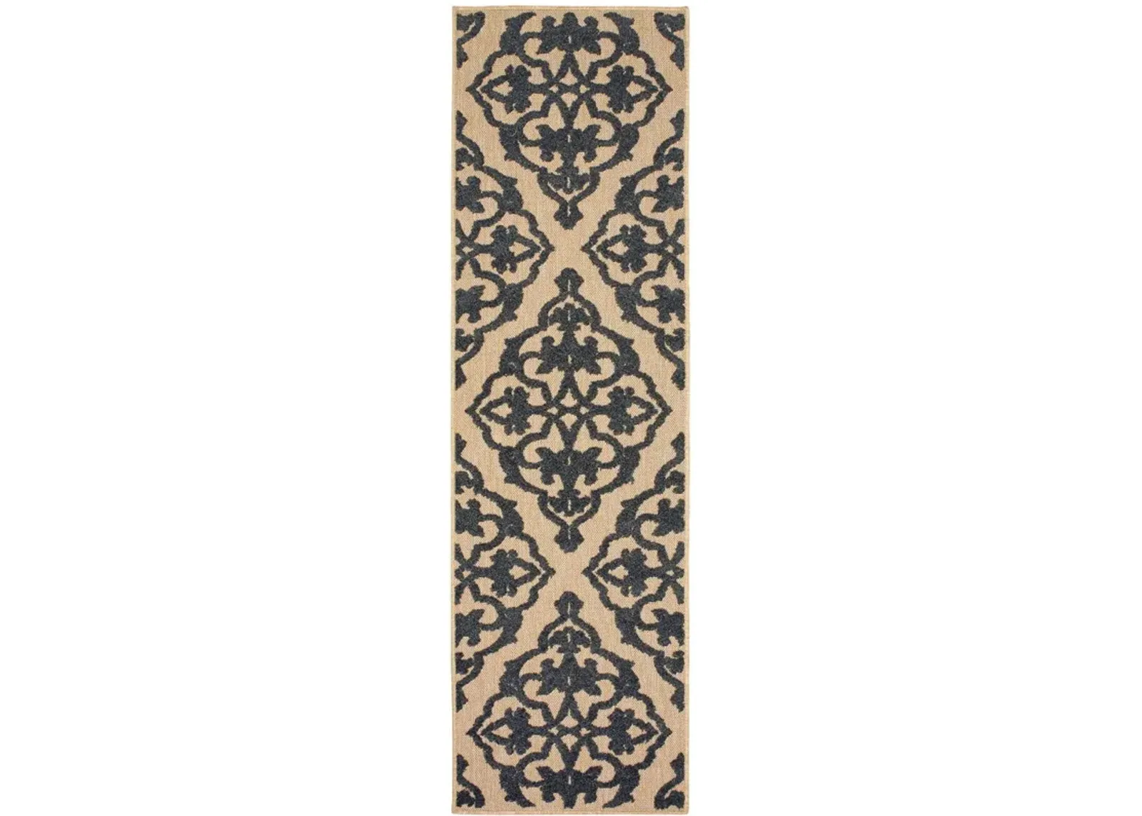 2' X 8' Oriental Stain Resistant Indoor / Outdoor Area Rug - Beige / Black