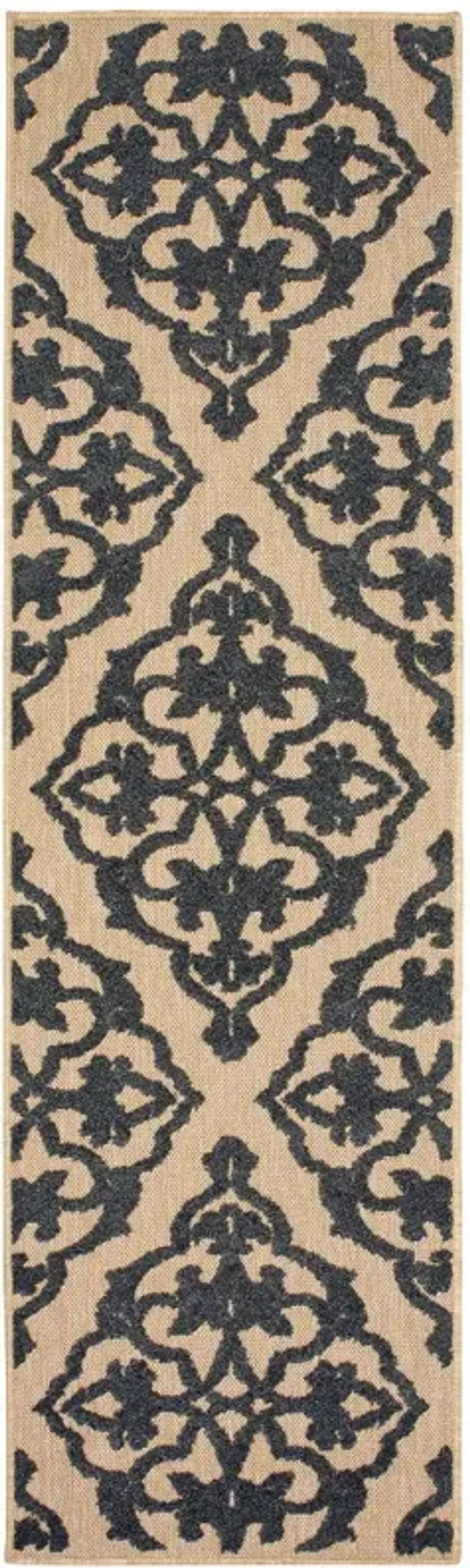 2' X 8' Oriental Stain Resistant Indoor / Outdoor Area Rug - Beige / Black