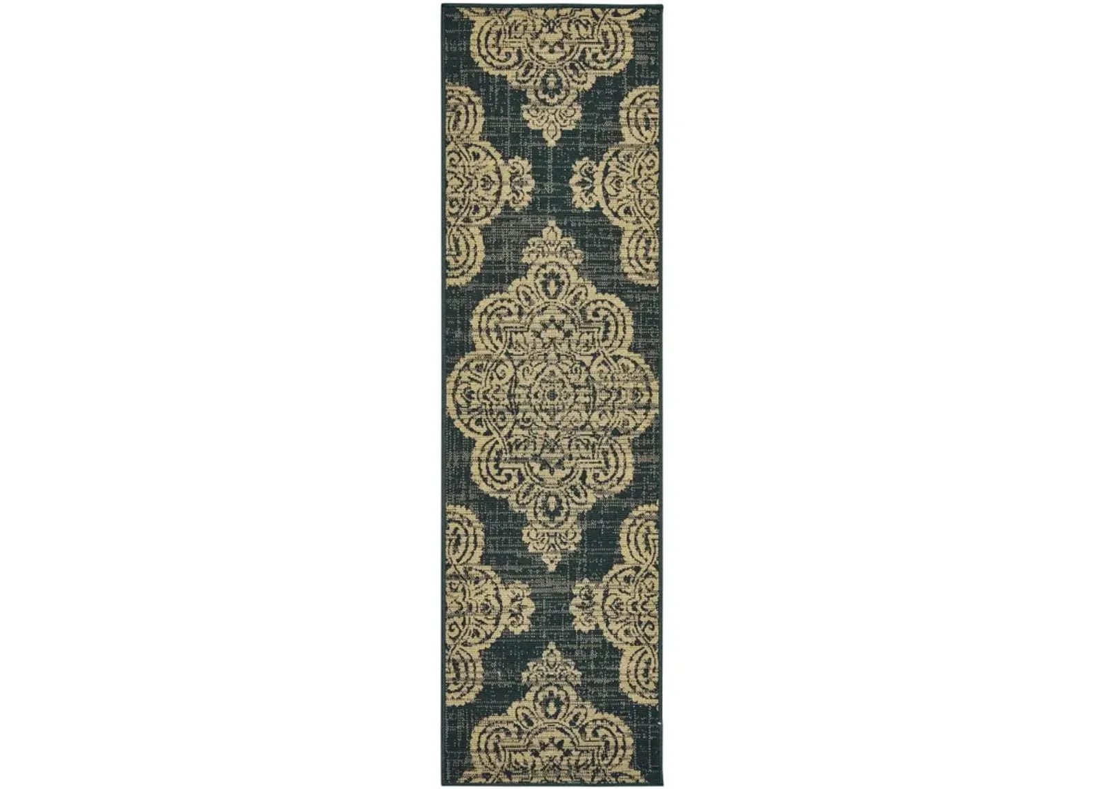 2' X 8' Oriental Stain Resistant Indoor / Outdoor Area Rug - Black / Tan