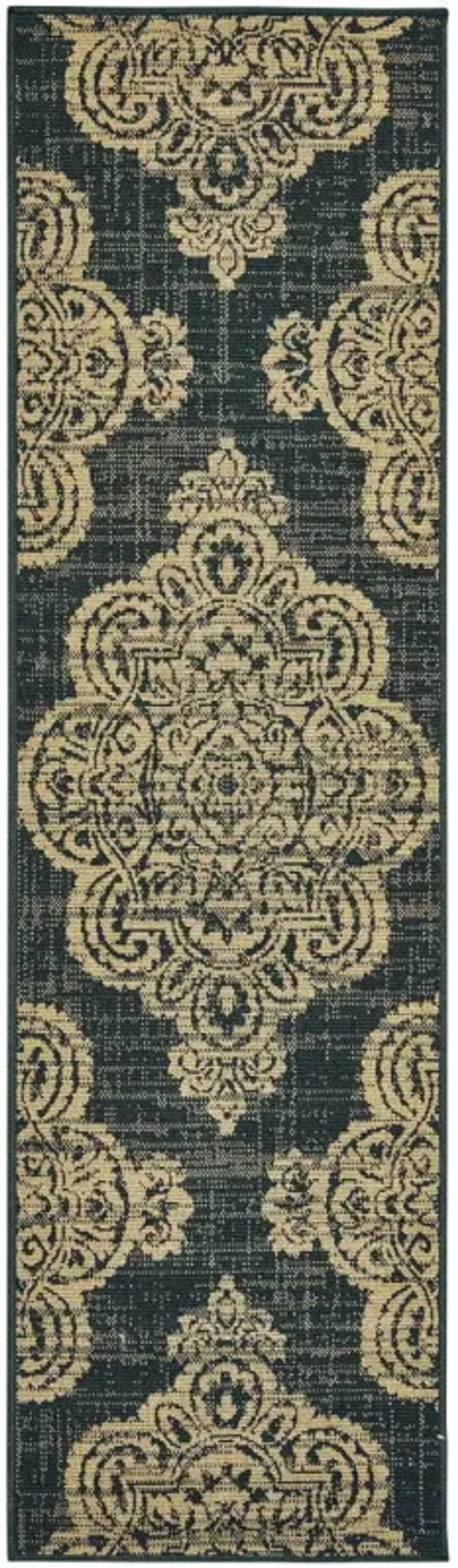 2' X 8' Oriental Stain Resistant Indoor / Outdoor Area Rug - Black / Tan