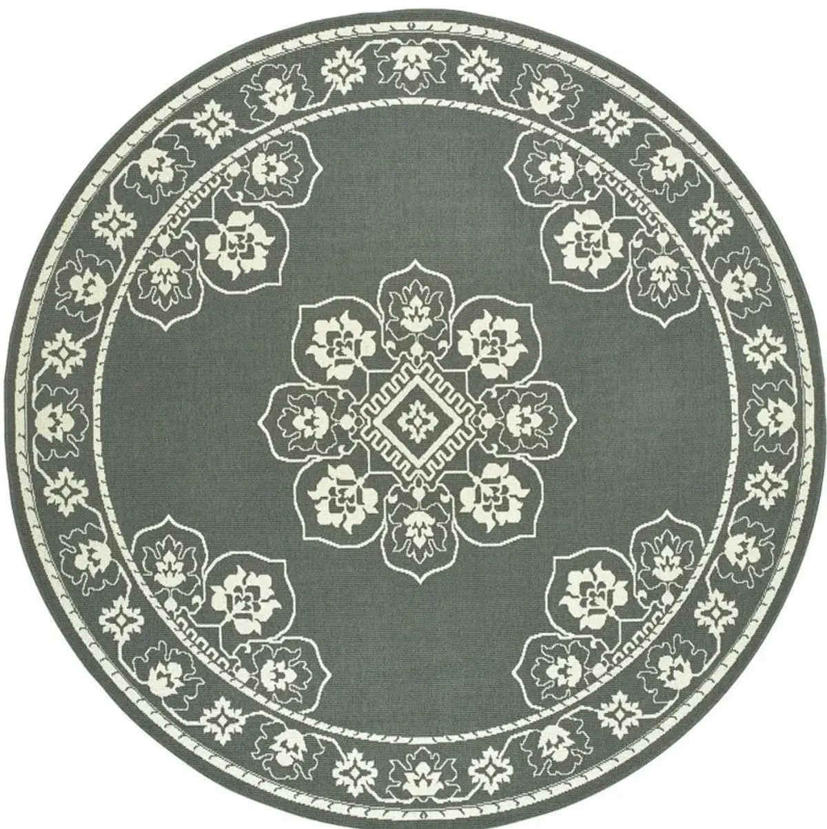 8' X 8' Round Oriental Stain Resistant Outdoor / Indoor Area Rug - Gray / Ivory