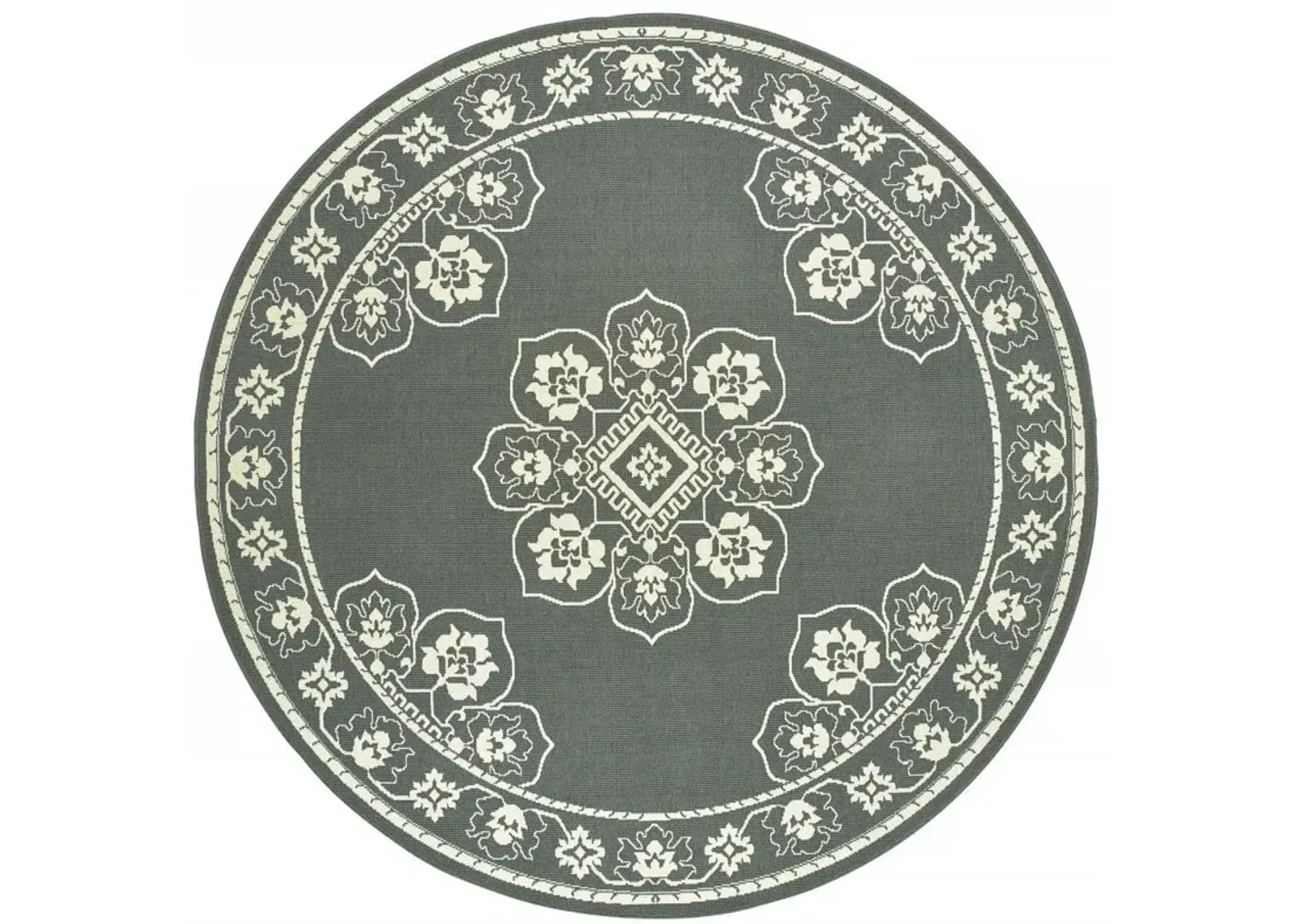 8' X 8' Round Oriental Stain Resistant Outdoor / Indoor Area Rug - Gray / Ivory