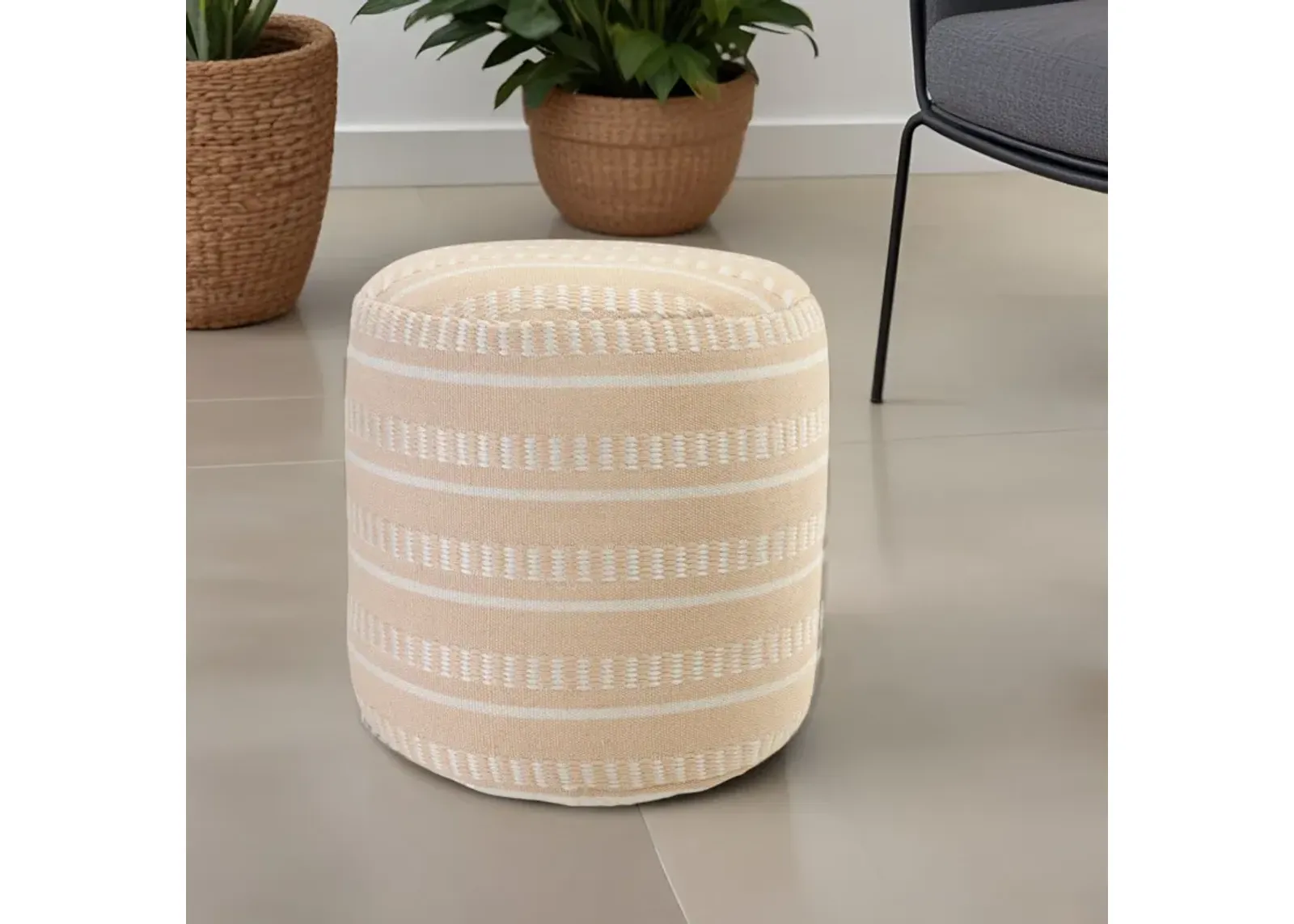 Polyester Round Striped Indoor Outdoor Pouf Ottoman - Orange