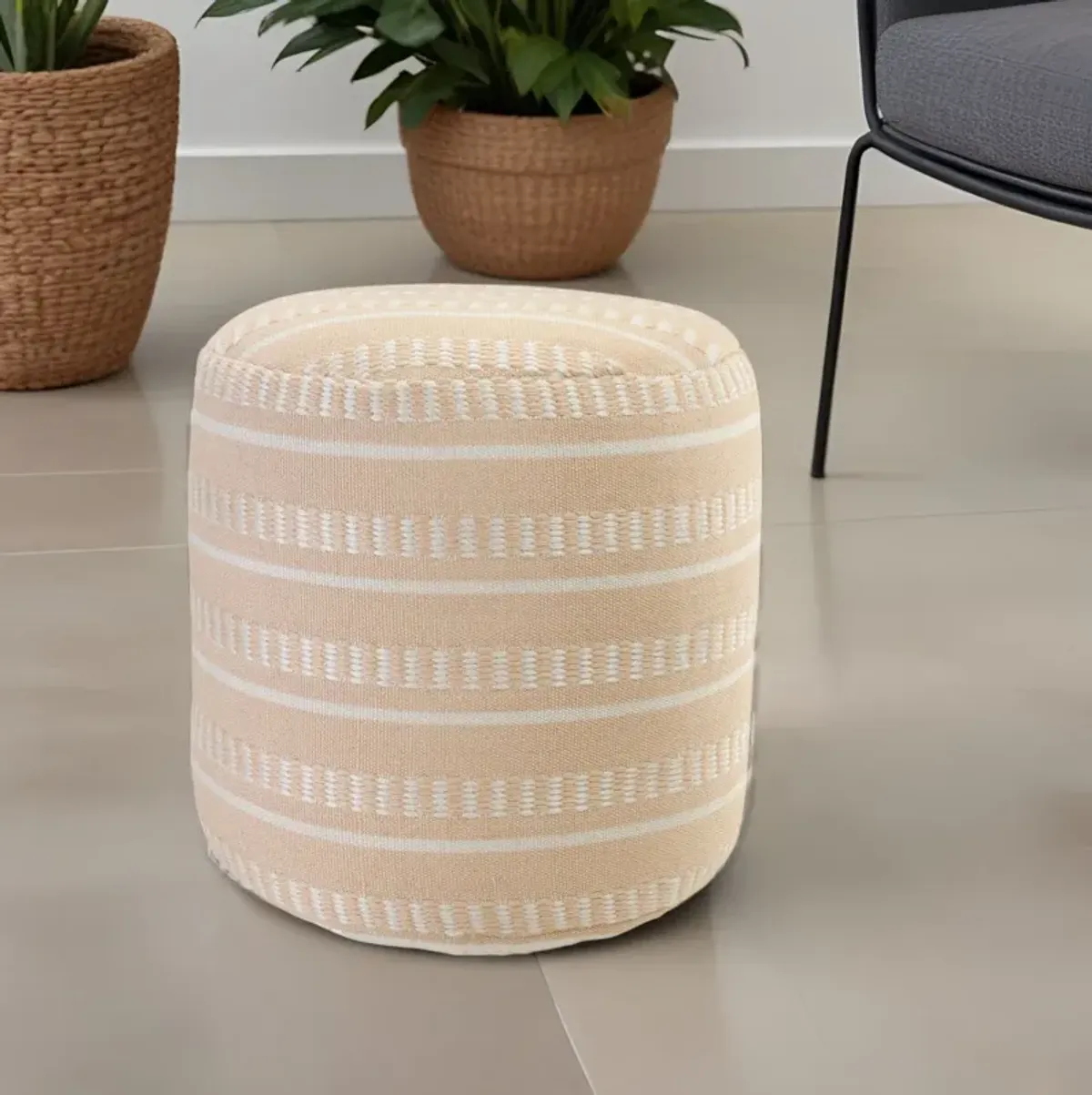 Polyester Round Striped Indoor Outdoor Pouf Ottoman - Orange