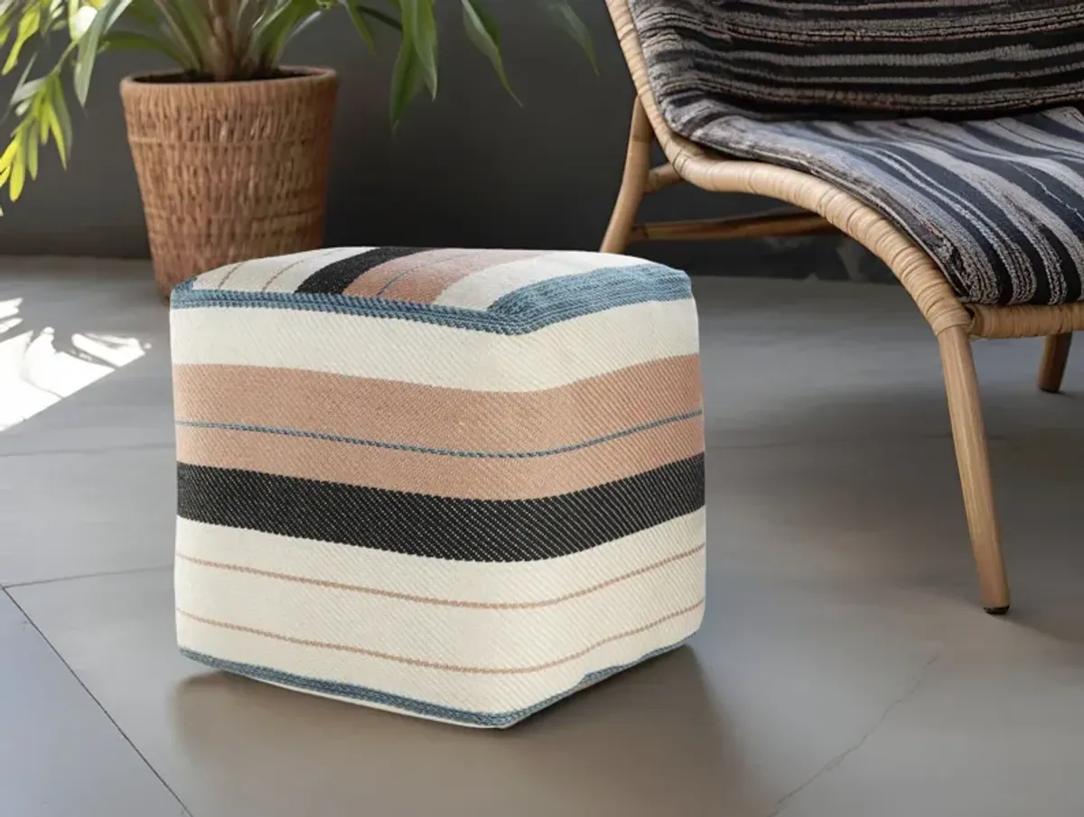 Polyester Striped Indoor Outdoor Pouf Ottoman - White