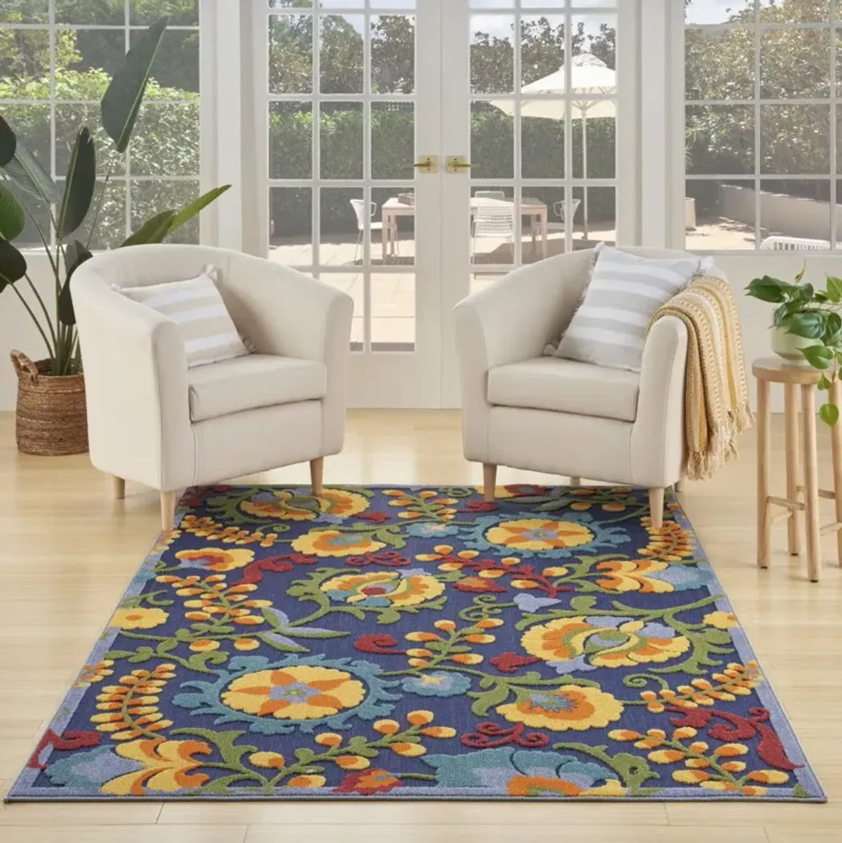 6' X 9' Floral Power Loom Area Rug - Blue / Yellow