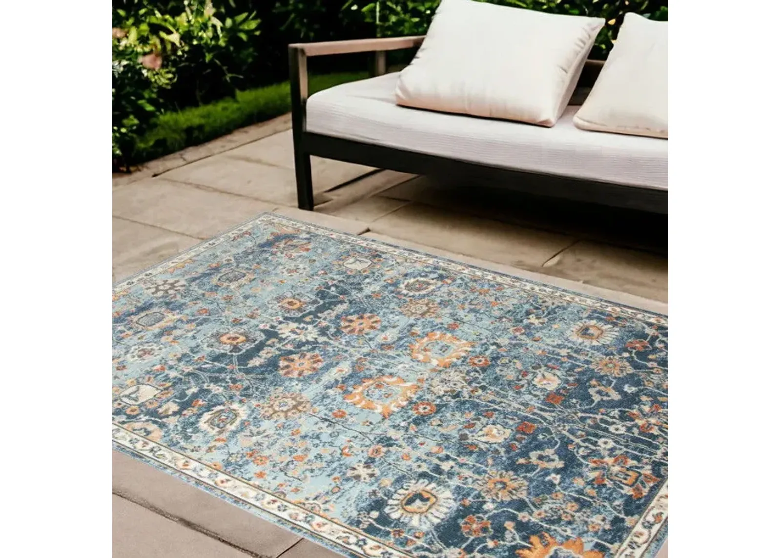 8' X 10' Floral Stain Resistant Outdoor & Indoor Area Rug - Blue / Orange