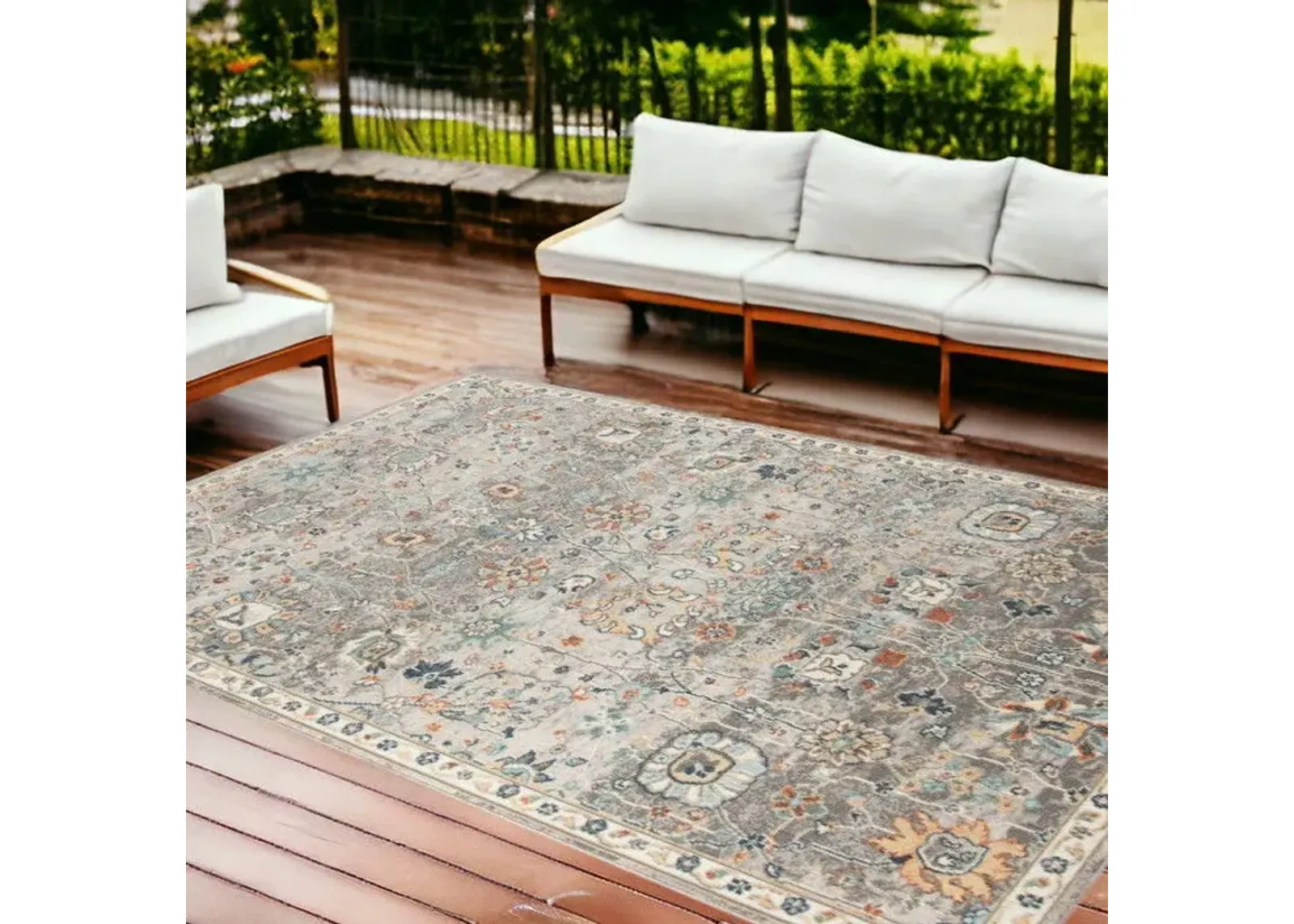 8' X 10' Floral Stain Resistant Indoor & Outdoor Area Rug - Orange / Blue