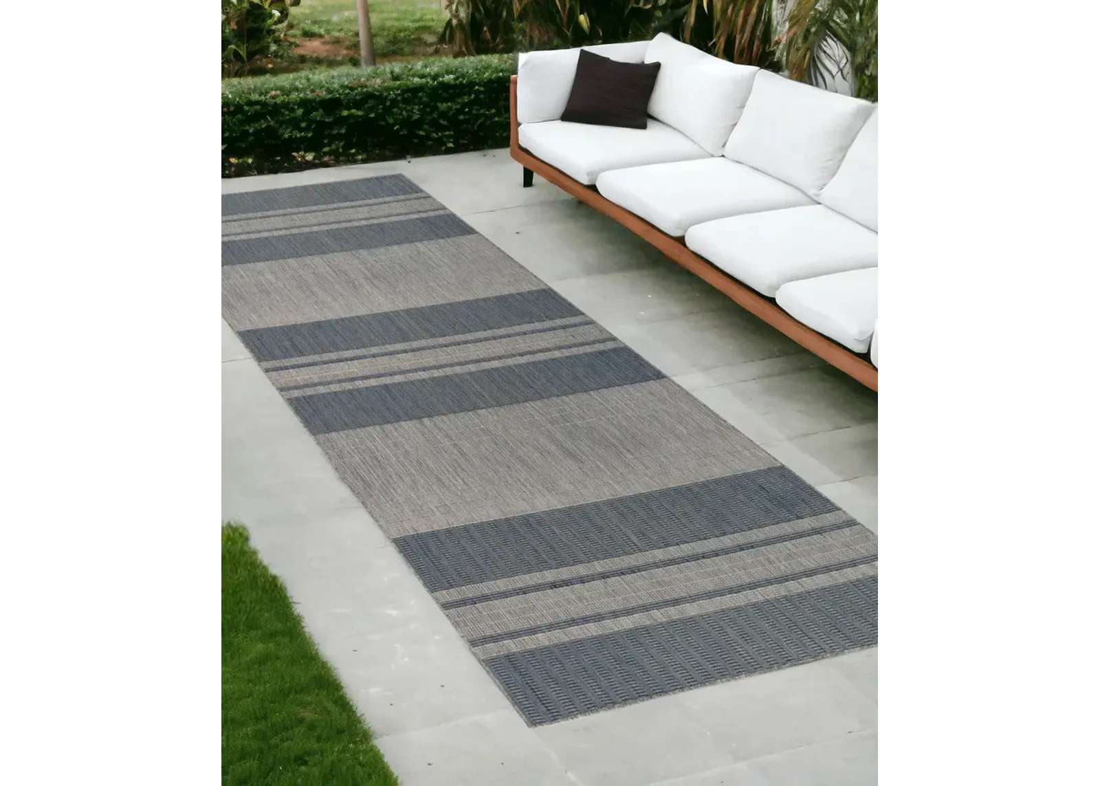 8' Runner Striped Stain Resistant Indoor / Outdoor Runner Rug - Blue / Gray