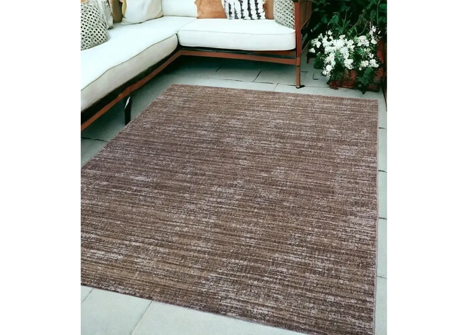 6' X 9' Striped Stain Resistant Indoor / Outdoor Area Rug - Brown / Ivory