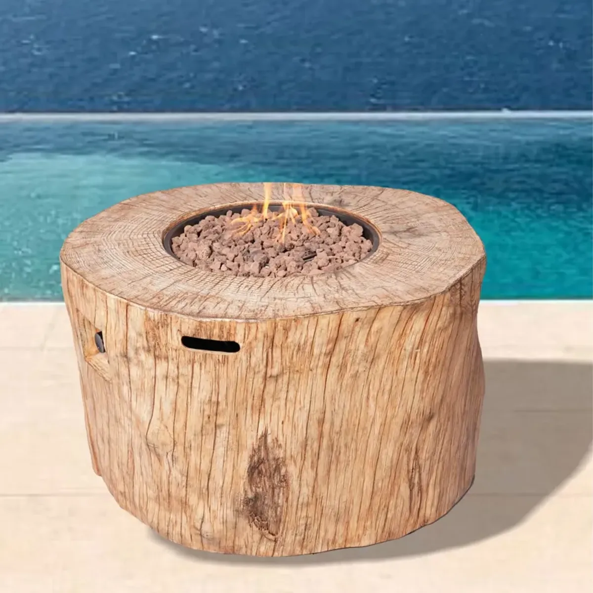 Faux Wood Stump Propane Round Fire Pit With Cover - Brown